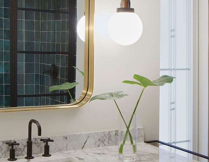 guest bathroom with mirror